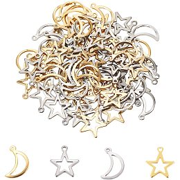 Unicraftale 304 Stainless Steel Pendants, Moon and Star, Golden & Stainless Steel Color, 14.5~15x9~12.5x0.8mm, Hole: 1~1.2mm; 80pcs/box