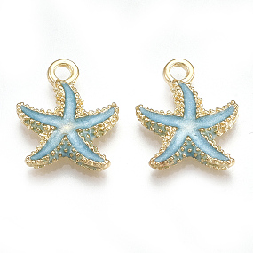 Honeyhandy Alloy Enamel Pendants, Starfish/Sea Stars, Light Gold, Sky Blue, 17.5x14.5x2.5mm, Hole: 2mm