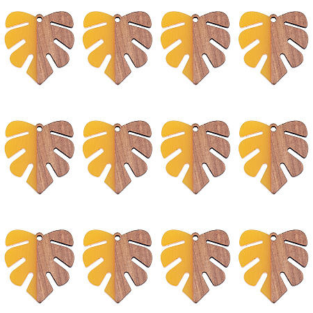 SUNNYCLUE Resin & Wood Pendants, Monstera Leaf Pendant, Gold, 30x28x3.5mm, Hole: 2mm, 12pcs/box