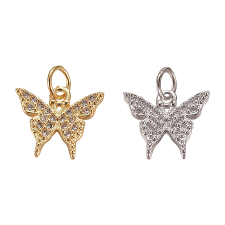 Brass Micro Pave Clear Cubic Zirconia Charms, with Jump Rings, Butterfly, Mixed Color, 11x12.5x2.5mm, Hole: 3mm; 4pcs/box