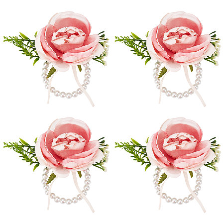 CRASPIRE 4PCS Flower Wrist Pink Wedding Corsage Pearl Bracelet Wristbands Artificial Flower Wrist Boutonniere Buttonholes Flower Wrists Wedding Flowers Accessories