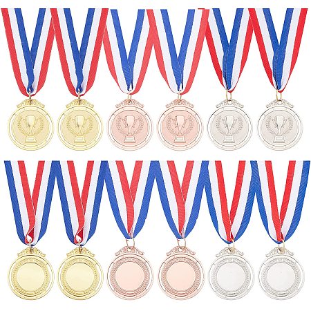 AHANDMAKER 12 Packs Sport Game Medals, Challenge Cup Pattern Winner Award Medals Genuine Award Medals Gold Silver and Bronze Medals with Nick Ribbon for Sports Games