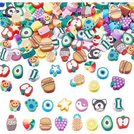NBEADS 225 Pcs 15 Styles Polymer Clay Fruit Beads, Handmade Polymer Clay Spacer Beads Soft Pot Evil Eye Beads Colorful Crafts Accessories for DIY Jewelry Making