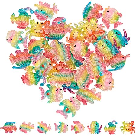 SUNNYCLUE 1 Box 32Pcs 8 Styles Ocean Animal Theme Resin Cabochons Flatback Fish Chicken Octopus Crab Shape Transparent Colorful Slime Beads for Hair Clips Scrapbooking DIY Jewelry Crafts