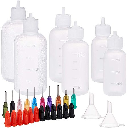 BENECREAT 12Pcs Plastic Glue Bottles(1oz/1.7oz/3.4oz) with 20Pcs Blunt Tip Needle(10 Mixed Size), 12 Bottle Stoppers and 6 Funnel Hopper for Oil Dispensing,Liquid Glue and Ink