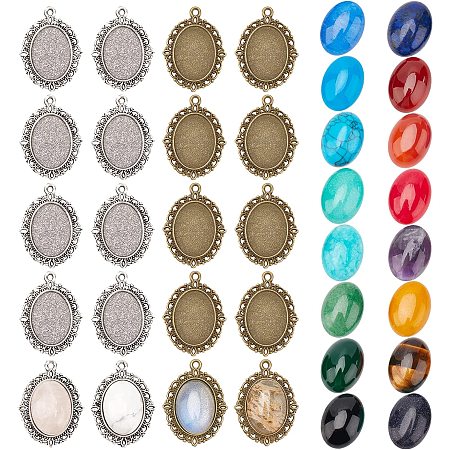CHGCRAFT 40Pcs 2 Colors Gemstone Cabochon Setting Include 20 Pcs Oval Tibetan Alloy Pendant Trays Blank Bezel with 20 Pcs Natural Oval Stone Cabochon for DIY Photo Necklace Pendant