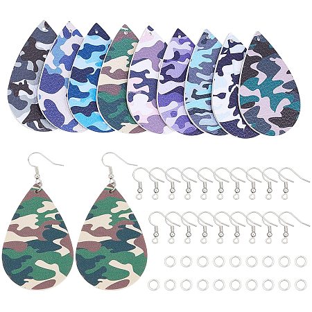 SUPERFINDINGS 9 Pairs 9 Colors Imitation Leather DIY Dangle Earring Making Kits Include Double Teardrop with Camouflage Pattern Pendants Iron Earring Hook Jump Rings for Earring Jewelry Making