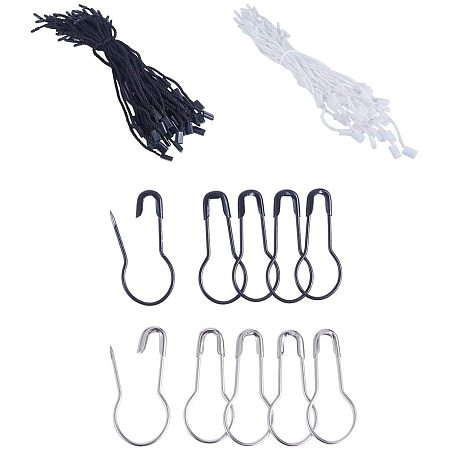 NBEADS 600 Pcs Polyester Snap Lock Hang Tag Strings and 200 Pcs Metal Safety Pins for DIY Gift Tags Bookmark Making Garment Clothes Labels Jewelry Stores or Personal Use, Black/White