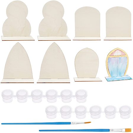 NBEADS DIY Painting Kits, 8 Sets Wooden Painting Molds, 2 Pcs Plastic 6 Pots Mini Empty Paint Cups with Lids and 2 Pcs Plastic Paint Brushes Pens for Painting Craft Drawing