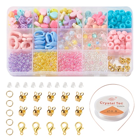 Arricraft DIY Jewelry Making Kits for Kids, Including Opaque & Transparent Acrylic Beads, Polystyrene Plastic Beads, Acrylic Linking Rings, Zinc Alloy Lobster Claw Clasps, Iron Findings, Plastic Ear Nuts, Mixed Color, Beads: 775~777pcs/set