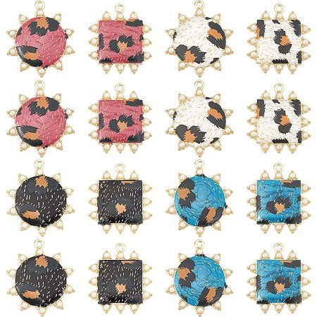 NBEADS 16 Pcs Leopard Print Alloy Pendants with ABS Pearl, 8 Styles Alloy Enamel Pendants Square Sun Shaped Metal Dangle Charms for Jewelry Making Necklace Bracelet Earring