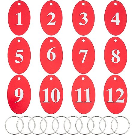 AHANDMAKER 12Pack Key Number Tags, 1-12 Aluminum Number Pendants, Number Key Chain with Ring Iron Round Aluminum Number Pendants for Dormitory Keys House Lockers 5x3x0.1cm, Red