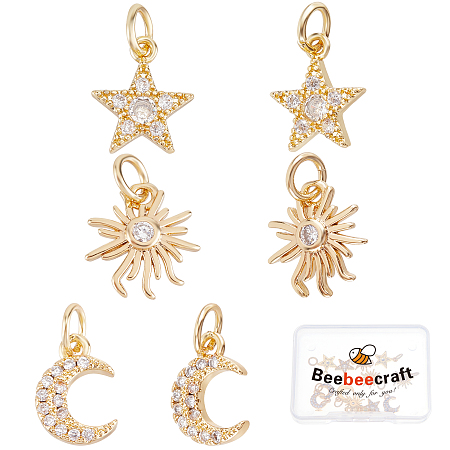 Beebeecraft 12Pcs 3 Style 18K Gold Plated Sun Moon Star Charms Cubic Zirconia Jewellery Making Findings with Jump Ring for DIY Bracelet Necklace Earring Making