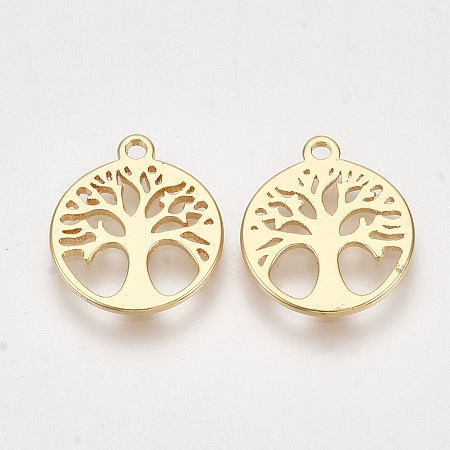 Honeyhandy Brass Charms, Flat Round with Tree, Nickel Free, Real 18K Gold Plated, 14x12x1mm, Hole: 1.2mm