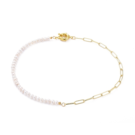 Honeyhandy Chain Necklaces, with Grade A Natural Cultured Freshwater Pearl Beads, Brass Paperclip Chains and Spring Ring Clasps, Golden, 16.92 inch(43cm)