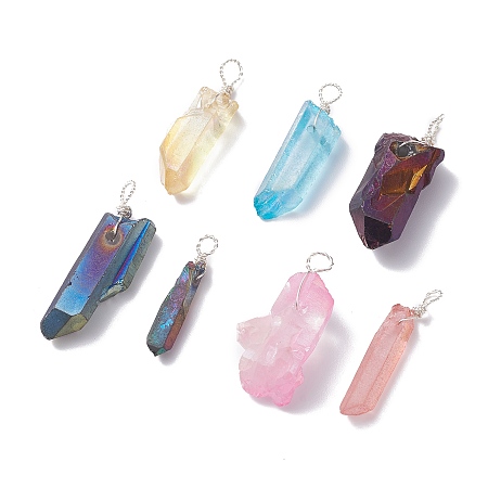 Honeyhandy Electroplated Natural Quartz Pendants, with Silver Tone Copper Wire Wrapped, Nuggets, Mixed Color, 25~35x4~12x4.5~16mm, Hole: 3.4~4.4mm