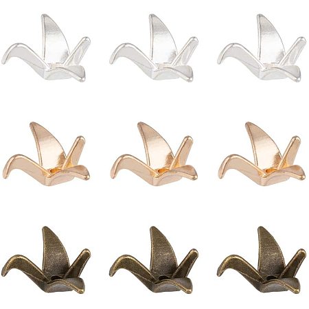 NBEADS 60 Pcs Paper Crane Shape Alloy Spacer Beads, Golden/Silver/Brown Metal 3D Japanese Gold Origami Crane Beads Loose Bracelet Connector Bird Beads with Container for DIY Jewelry Making