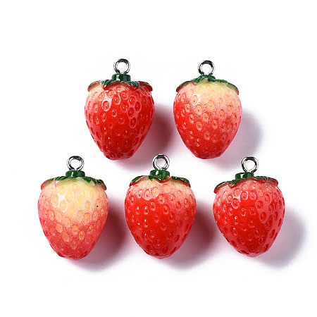 Honeyhandy Opaque Resin Pendants, with Platinum Tone Iron Loop, Strawberry, Red, 23~24x16mm, Hole: 2mm