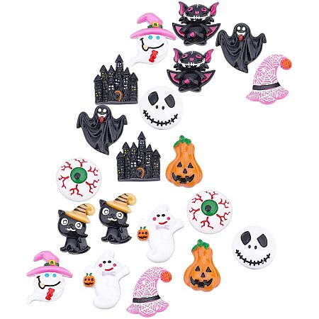 SUNNYCLUE 1 Box 20PCS 10 Style Halloween Resin Charms Flatback Ornaments Cabochons Halloween Scrapbook Pumpkin Ghost Witch Pink Magic Hat Charms for DIY Decoration Scrapbooking Crafting Accessory Gift