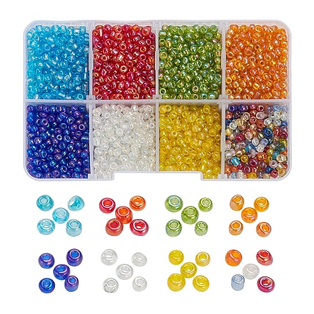 ARRICRAFT 120g 8 Colors Round Glass Seed Beads, Transparent Colours Rainbow, Round, Mixed Color, 3mm, about 333pcs/15g, 15g/color