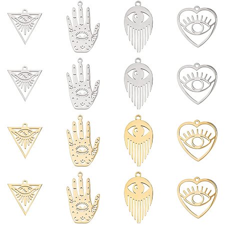 DICOSMETIC 16Pcs 4 Style 2 Colors Stainless Steel Palm with Eye Pendants Triangle Eye Pendant Heart Eye Pendants Teardrop Eye Pendants Evil Eye Protection Charms for Bracelet Necklace Earrings Making