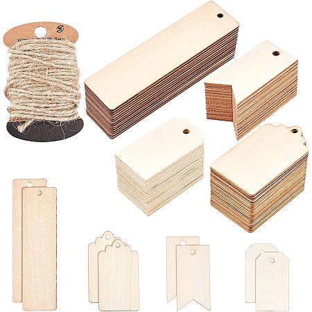 OLYCRAFT 120pcs Unfinished Wood Tag Wooden Pendants Blank Wood Hanging Gift Tags Labels Rectangle Ornaments Wooden Tags with Holes and Hemp Cord for Painting Home Party Hanging Decor - 4 Sizes