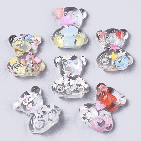 ARRICRAFT Transparent Resin Cabochons, with Polymer Clay or Sequin inside, Cartoon Bear, Mixed Color, 21x18x8mm