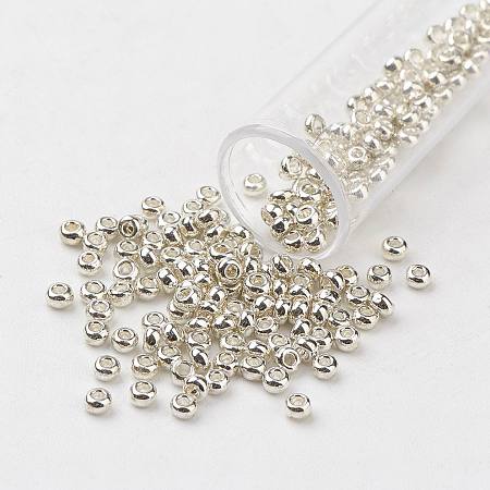 FGB 8/0 Dyed Glass Seed Beads, Round, Silver, 3x2mm, Hole: 1mm, about 1111pcs/50g