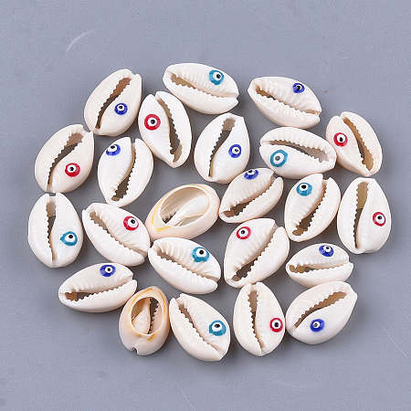 ARRICRAFT Cowrie Shell Beads, Undrilled/No Hole Beads, with Enamel, Cowrie Shell Shape with Evil Eye, Mixed Color, 18~21x12~15x7~8mm