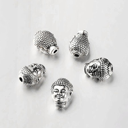 Honeyhandy Tibetan Style Alloy 3D Buddha Head Beads, Antique Silver, 10x8x7mm, Hole: 1mm