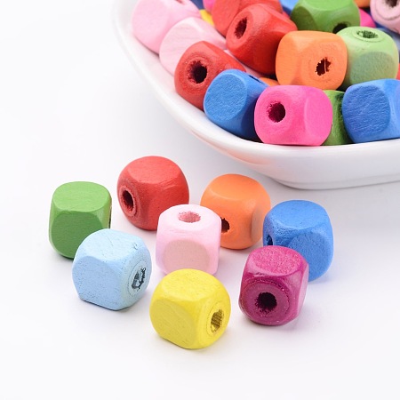 ARRICRAFT Dyed Natural Wood Beads, Cube, Mixed Color, 10x10x10mm, Hole: 3.5mm
