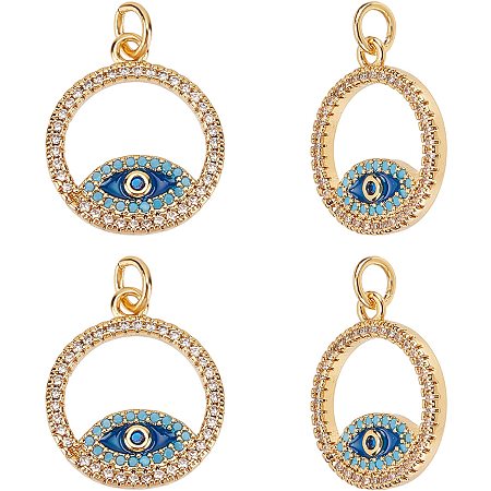 NBEADS 4 Pcs Cubic Zirconia Evil Eye Charms, Brass Micro Pave Charms CZ Charms Cubic Zirconia Charms Ring with Evil Eye Charms for Jewelry Making Bracelet Necklace Earrings
