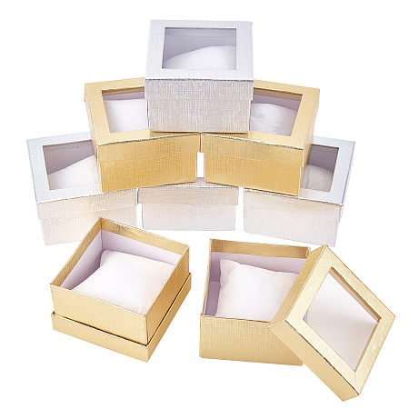 Paper Gift Box for Watch, with Sponge & Clear Window, Square, Mixed Color, 9x9x6cm, 2 colors, 4sets/color, 8sets/bag.