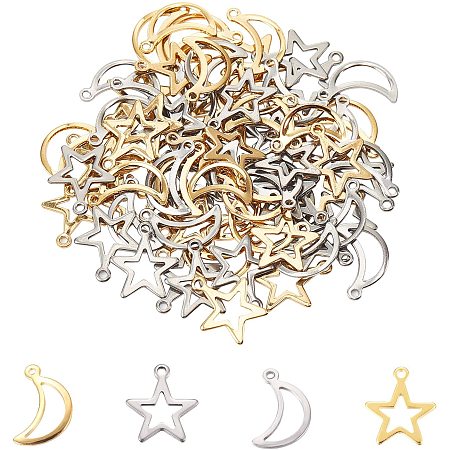 Unicraftale 304 Stainless Steel Pendants, Moon and Star, Golden & Stainless Steel Color, 14.5~15x9~12.5x0.8mm, Hole: 1~1.2mm; 80pcs/box