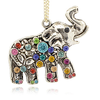 Honeyhandy Alloy Rhinestone Animal Pendants, Elephant, Colorful, Antique Silver, 45x35x5mm, Hole: 2mm