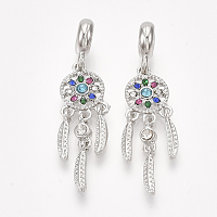 Honeyhandy Alloy European Dangle Charms, with Rhinestone, Large Hole Pendants, Woven Net/Web with Feather, Platinum, Colorful, 44mm, Hole: 4mm