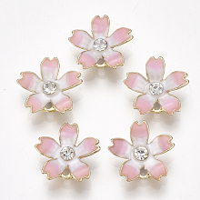 Honeyhandy Alloy Charms, with Enamel and Rhinestone, Sakura, Crystal, Light Gold, Pink, 14x15x3mm, Hole: 1.2mm