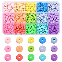 Honeyhandy 750Pcs 15 Colors Handmade Polymer Clay Beads, for DIY Jewelry Crafts Supplies, Flat Round, Mixed Color, 6x3mm, Hole: 1.5mm, 50pcs/color