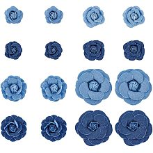 SUPERFINDINGS 16Pcs Fabric Flower Blue Denim Cloth Flowers 8 Style Camelia Sewing Flowers for Clothes Hairclips Decoration DIY Costume Accessories