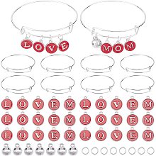 PandaHall Elite 10 Sets Mother's Day Expandable Bracelet Set, 10pcs Mom Adjustable Wire Bangle with 120pcs L O V E M Enamel Letter Charms Plastic Disco Ball Charm 150pcs Jump Ring for DIY Jewelry Gift