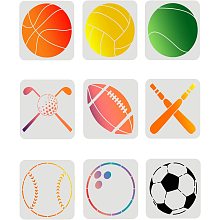 FINGERINSPIRE 9Pcs Sports Ball Stencils (Basketball, Soccer, Bowling, Baseball, Rugby, Golf, Volleyball) 7.9x7.9 inch Mylar Template Paint Chalk Signs for Wall, Wood, Paper, Fabric DIY Craft Decor