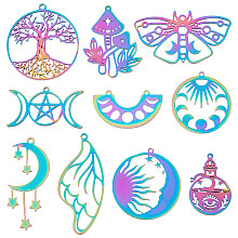 SUNNYCLUE 20Pcs 10 Style Ion Plating(IP) 201 & 304 Stainless Steel Pendant Links Charms, Laser Cut, Butterfly & Moon with Star & Mushroom, Rainbow Color, 18~45x19.5~32x1mm, Hole: 1.5mm, 2pcs/style