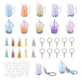 SUPERFINDINGS DIY Imitation Bubble Tea Charm Keychain Making Kit, Including Plastic Cup Pendants, Faux Suede Tassel Pendant Decorations, Iron Split Key Ring, Mixed Color, 60Pcs/bag