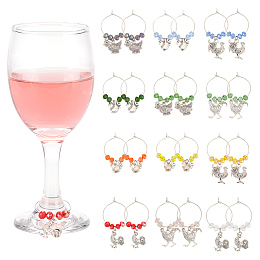 NBEADS 24 Pcs 6 Styles Alloy Rooster Wine Glass Charms, Wine Charms Rings Cup Tag Identifiers with Faceted Glass Beads for Glasses Tumbler Cup Wine Tasting Party Gift