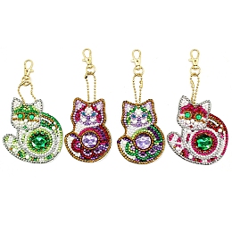 Honeyhandy DIY Cat Keychain Diamond Painting Kits, including Acrylic Board, Alloy Clasps, Resin Rhinestones, Diamond Sticky Pen, Tray Plate & Glue Clay, Mixed Color, Cat: 80x60~70mm, 4pcs/set