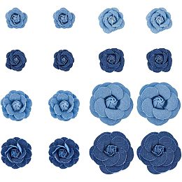 SUPERFINDINGS 16Pcs Fabric Flower Blue Denim Cloth Flowers 8 Style Camelia Sewing Flowers for Clothes Hairclips Decoration DIY Costume Accessories