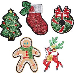 GORGECRAFT 5 Style 20PCS Christmas Stocking Embroidered Patches Christmas Deer Sequin Christmas Tree Appliques for Jackets Jeans Backpack T-Shirt