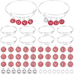 PandaHall Elite 10 Sets Mother's Day Expandable Bracelet Set, 10pcs Mom Adjustable Wire Bangle with 120pcs L O V E M Enamel Letter Charms Plastic Disco Ball Charm 150pcs Jump Ring for DIY Jewelry Gift