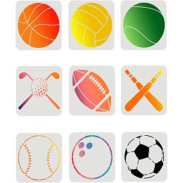 FINGERINSPIRE 9Pcs Sports Ball Stencils (Basketball, Soccer, Bowling, Baseball, Rugby, Golf, Volleyball) 7.9x7.9 inch Mylar Template Paint Chalk Signs for Wall, Wood, Paper, Fabric DIY Craft Decor