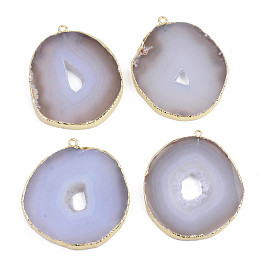 Honeyhandy Flat Round Natural Crystal Agate/Ice Quartz Agate Big Pendant, Druzy Trimmed Stone, with Edge Golden Plated and Iron Loops, 55~60x44~50x5~6mm, Hole: 1.8~2.5mm